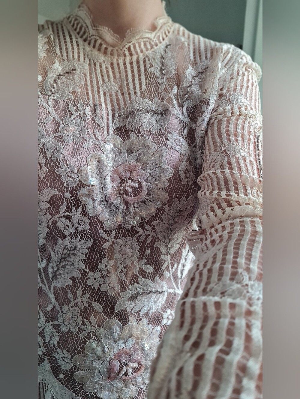 Gorgeous Vintage 70s Rina di'Montella Blush & Cream Lace Bridal Dress